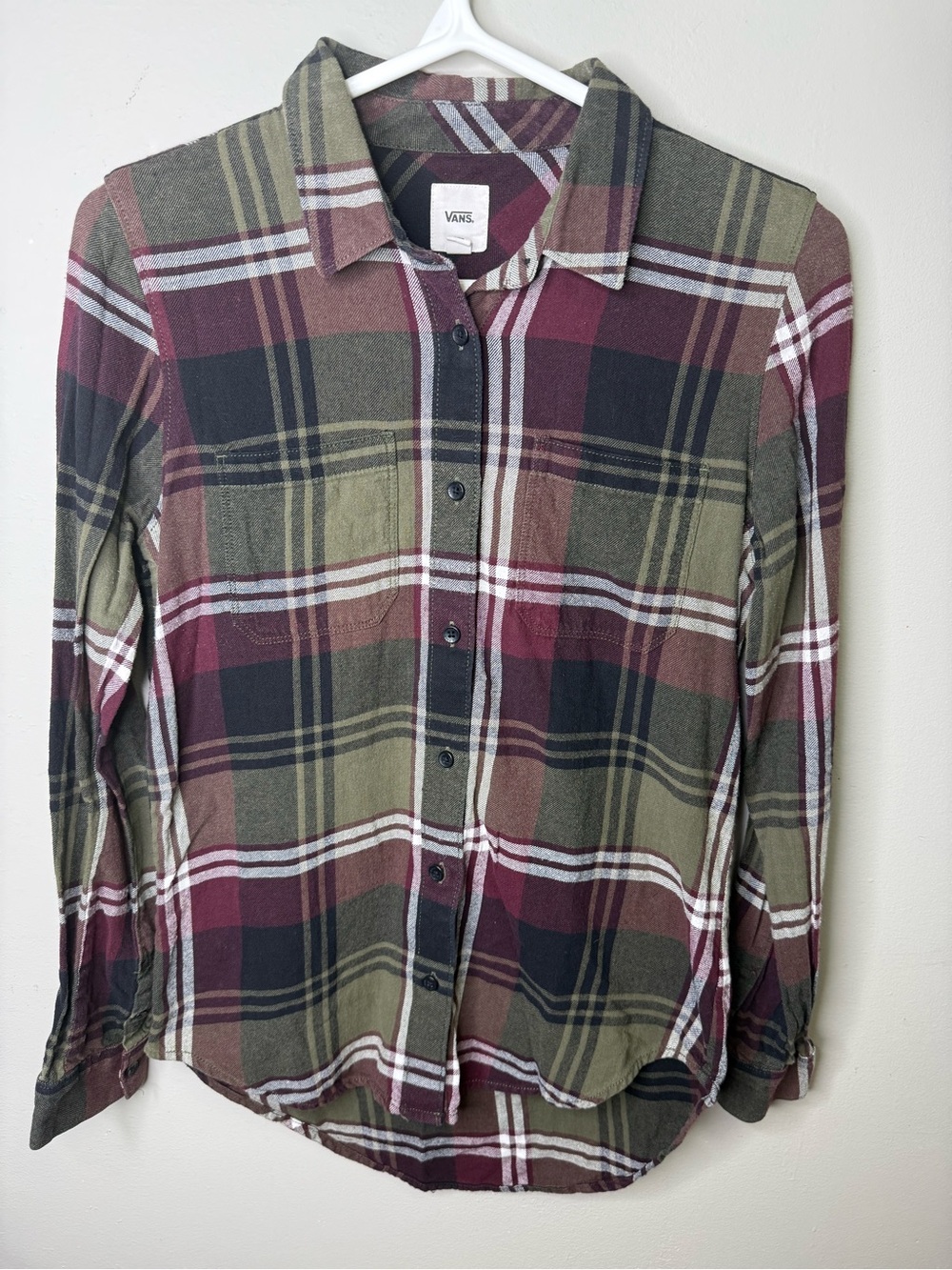 Vans Olive Green and Burgundy Plaid Hi Low Button-Down Shirt Women's